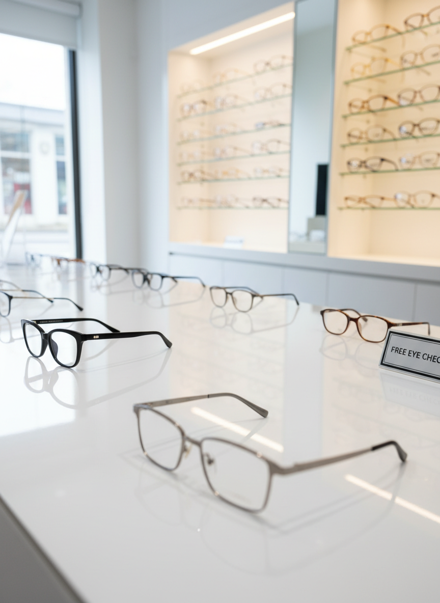A sleek display of modern eyeglass frames arranged in neat rows on a glossy white counter in a professional optical showroom. The frames range from classic black acetate to transparent crystal and brushed metal, each with subtle reflections on their polished surfaces. Behind them, illuminated glass shelving showcases more eyewear, softly blurred to keep the focus on the foreground. Cool, even overhead lighting combines with diffused daylight from a large unseen window, creating clean highlights and gentle shadows. Photographic realism at eye level, with a shallow depth of field that emphasizes one central pair of glasses, conveys a calm, trustworthy medical-retail atmosphere suitable for an eyewear business offering free eye checks.
