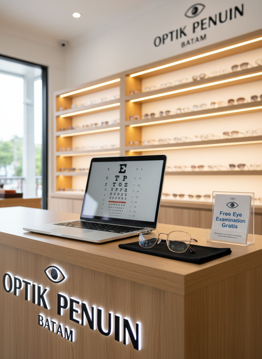 A welcoming optical consultation desk branded for Optik Penuin Batam, featuring an open laptop displaying a clear visual of an eye test chart and a neatly placed pair of contemporary eyeglasses with thin, brushed-gold frames and crystal-clear lenses. The desk surface is smooth light oak, with a small acrylic stand holding informational cards about free eye examinations. In the softly blurred background, rows of illuminated eyewear displays line the walls. Natural daylight from a side window mixes with warm overhead lighting, creating a balanced, professional atmosphere. Photographed at a three-quarter angle with moderate depth of field, the image feels inviting, trustworthy, and service-focused in photographic realism.