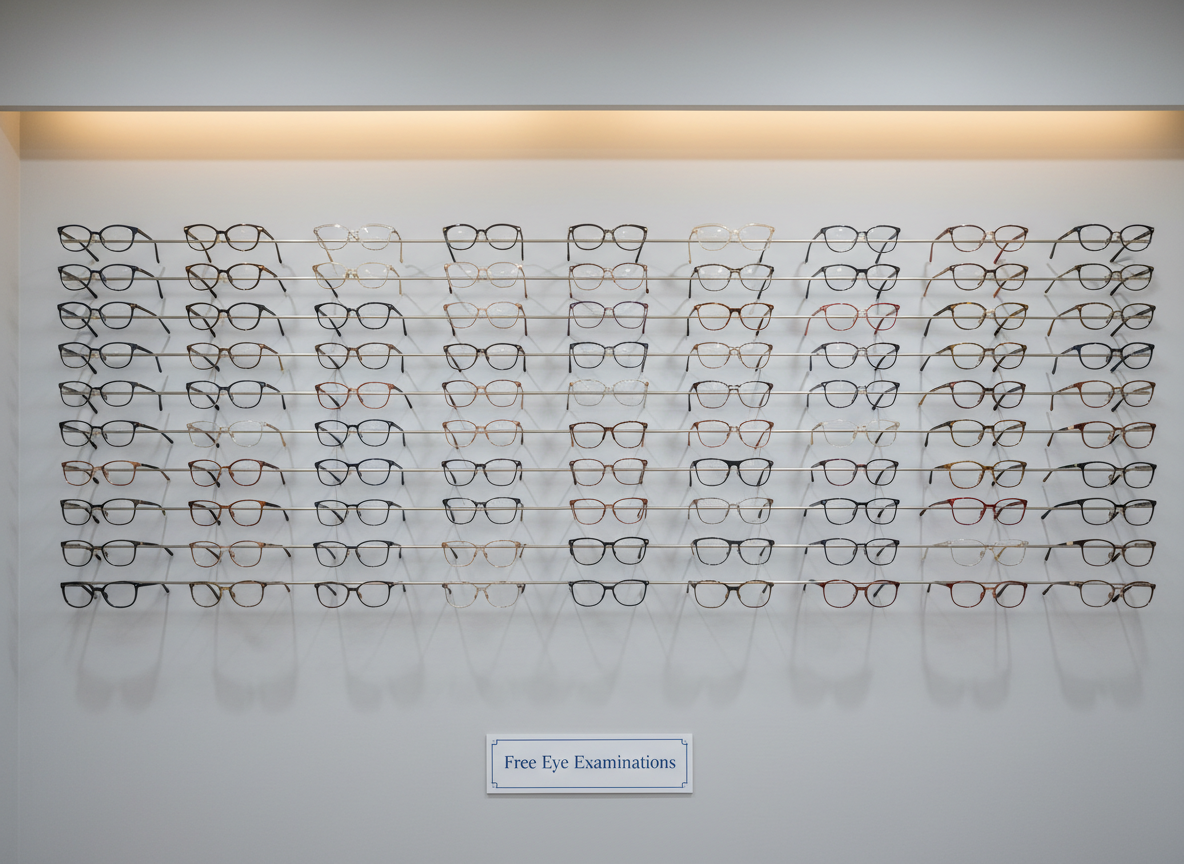 A meticulously organized wall of eyeglass frames in Optik Penuin Batam, mounted on slim, horizontal metal rods against a matte light-gray backdrop. Frames of different shapes and colors—round, rectangular, cat-eye, in black, navy, rose gold, and translucent—are arranged by style, creating a visually pleasing gradient. Soft, continuous LED strip lighting runs along the top, evenly illuminating the frames and casting delicate, downward shadows that add dimension. Captured straight-on with sharp focus across the entire scene, the photographic realism and clean composition evoke a modern, high-end optical boutique that is still approachable and customer-centered, highlighting the breadth of choice for visitors seeking free eye examinations.