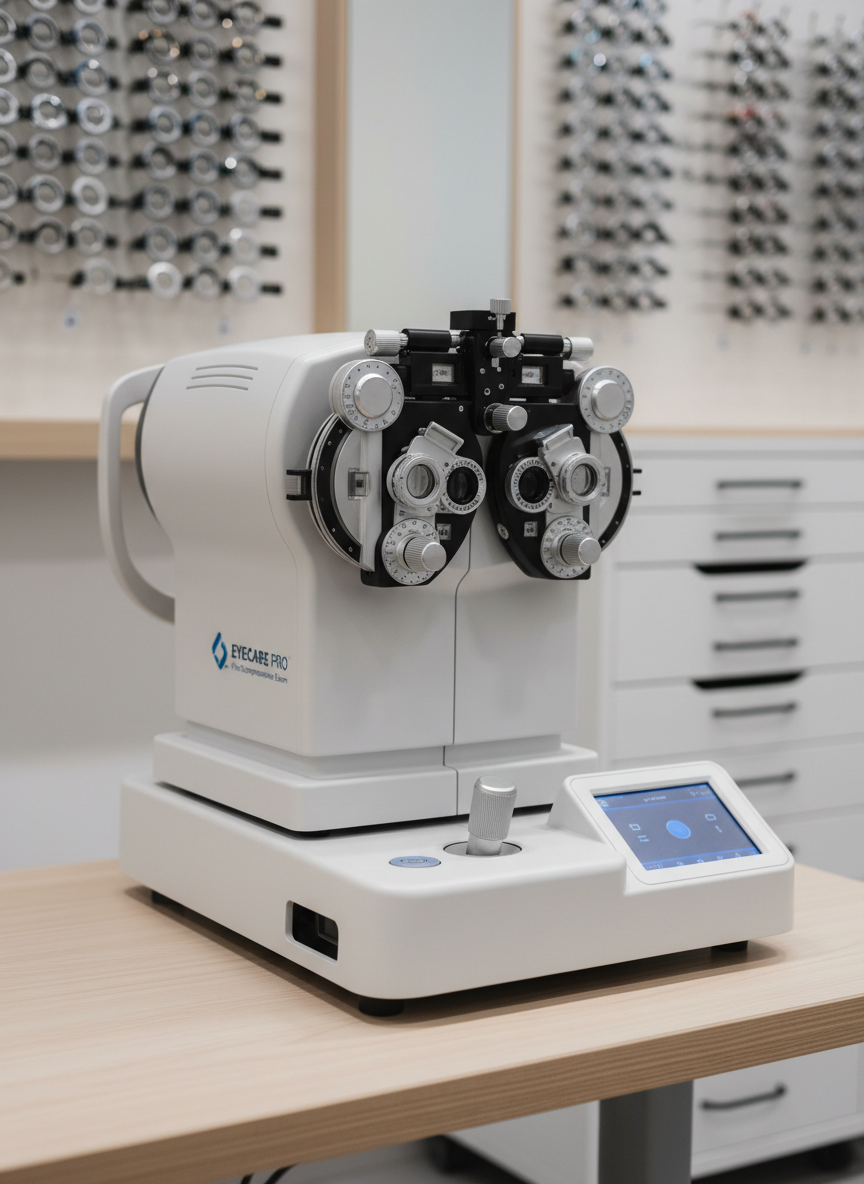 A close-up of a sophisticated digital eye examination machine in a modern optometry room, its matte white body and precise lenses gleaming subtly under soft, neutral studio lighting. The device is positioned neatly on a clean, light-wood examination table, with an organized background of wall-mounted trial lenses and neatly labeled drawers, all slightly out of focus. The composition is centered and photographed at eye level, with a shallow depth of field emphasizing the machine’s controls and lens housing. The mood is professional, hygienic, and reassuring, with a photographic, clinical realism that communicates advanced eye health technology and the promise of a free, thorough eye examination.