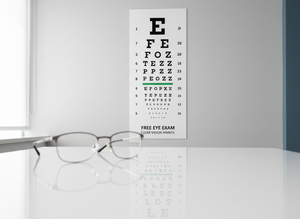 A detailed shot of an eye examination chart positioned on a light-gray wall in a modern optician clinic, the bold black letters and symbols crisply printed and perfectly aligned. In the foreground, slightly off-center, a stylish pair of semi-rimless eyeglasses with anti-glare lenses rests on a reflective, white examination table, capturing subtle reflections of the chart. The lighting is bright yet soft, simulating clinical overhead lights mixed with faint daylight from an unseen window, producing minimal shadows and a clean, precise look. Photographed at a slightly low angle in photographic realism, the mood is confident and medical-professional, emphasizing clear vision and the importance of regular, free eye checks.